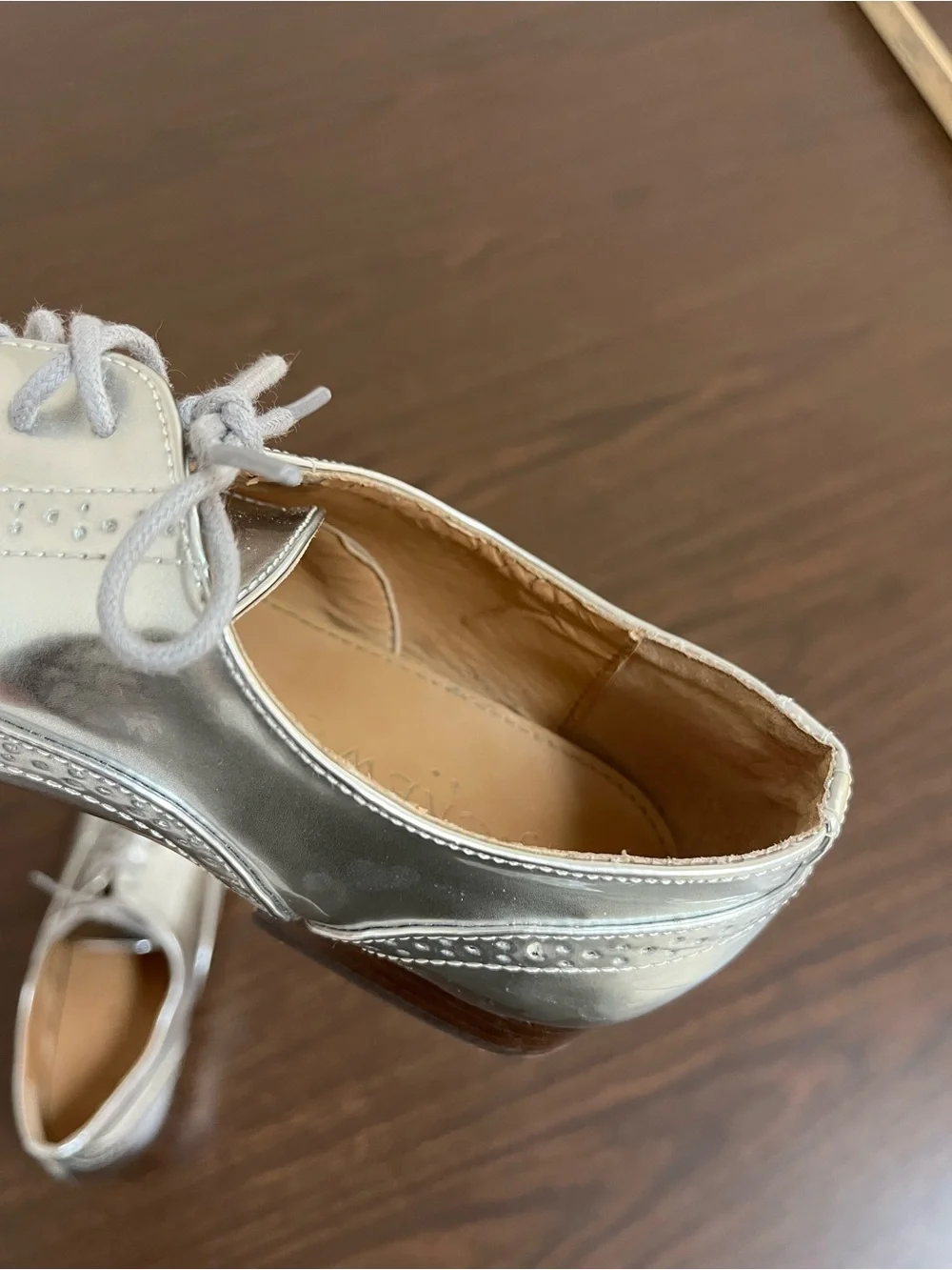 J.Crew Womens 7.5 Silver Metallic Leather Oxfords Cap Toe Brogue Lace Up